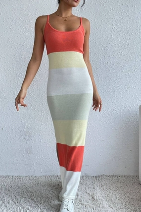 Soft Drape Street Mood COLOR STRIPED BACKLESS SLIT KNIT SLIP MAXI DRESS_CWDMD1308