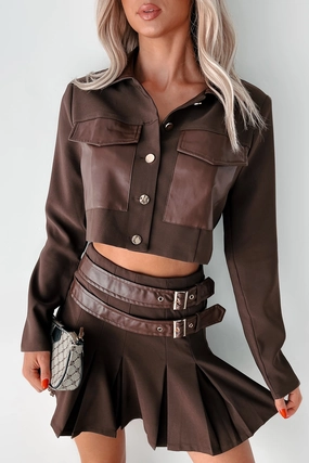 Different Type Of Girl Crop Jacket & Skirt Set (Chocolate) Knit Fabric Technology Unstructured Silhouette