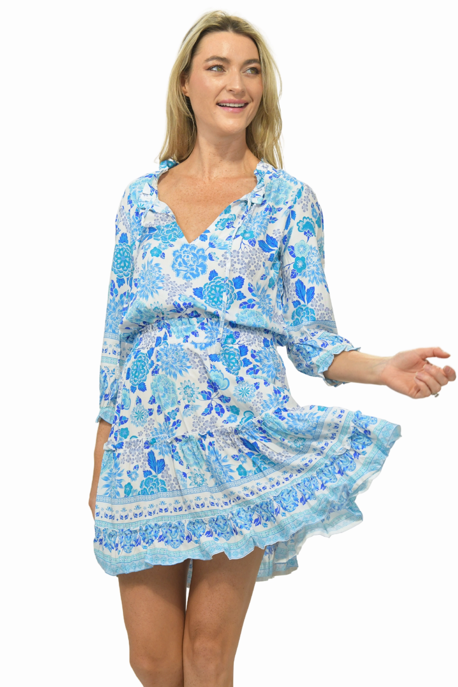 Stylish Comfort Summer Ready Ibiza Dress / Cobalt Multi Floral