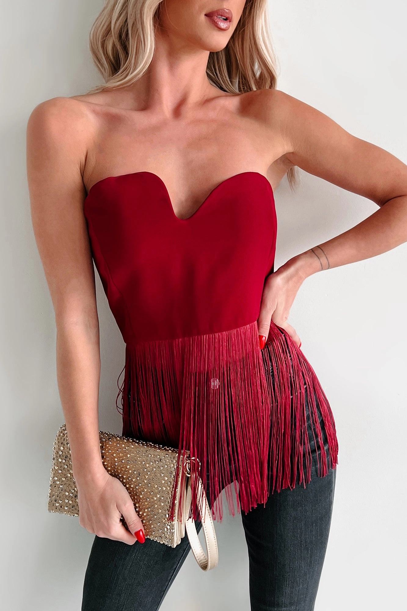 Soft Cotton Diva On Duty Asymmetric Fringe Top (Burgundy)