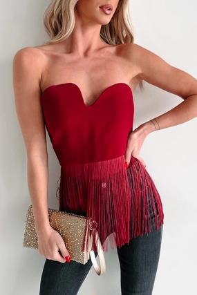 ThermalRegulating Fabric Diva On Duty Asymmetric Fringe Top (Burgundy)