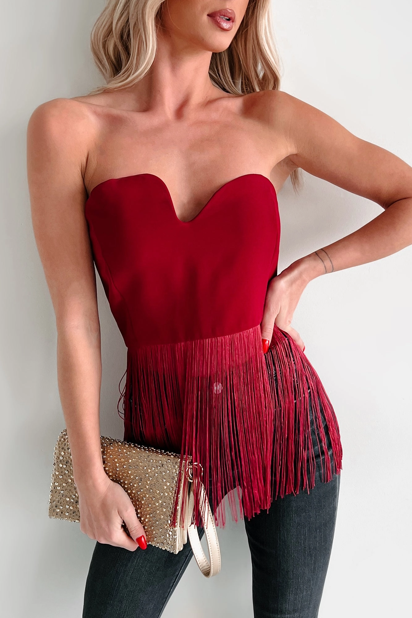 PolyesterBlend StretchFit Design Diva On Duty Asymmetric Fringe Top (Burgundy)
