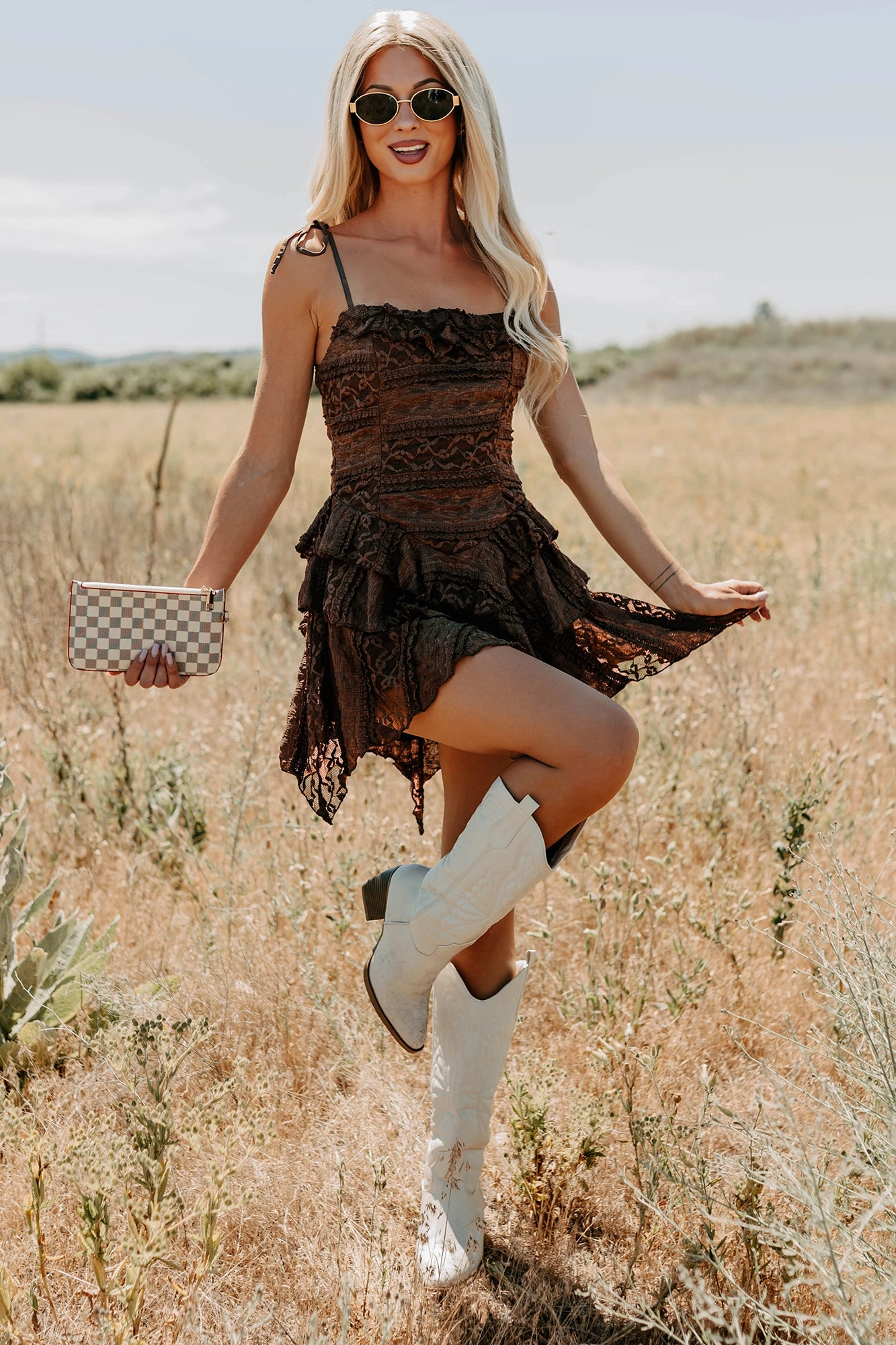 Monochrome Mood Divine Energy Sleeveless Lace Mini Dress (Mocha) - Ships 9/25