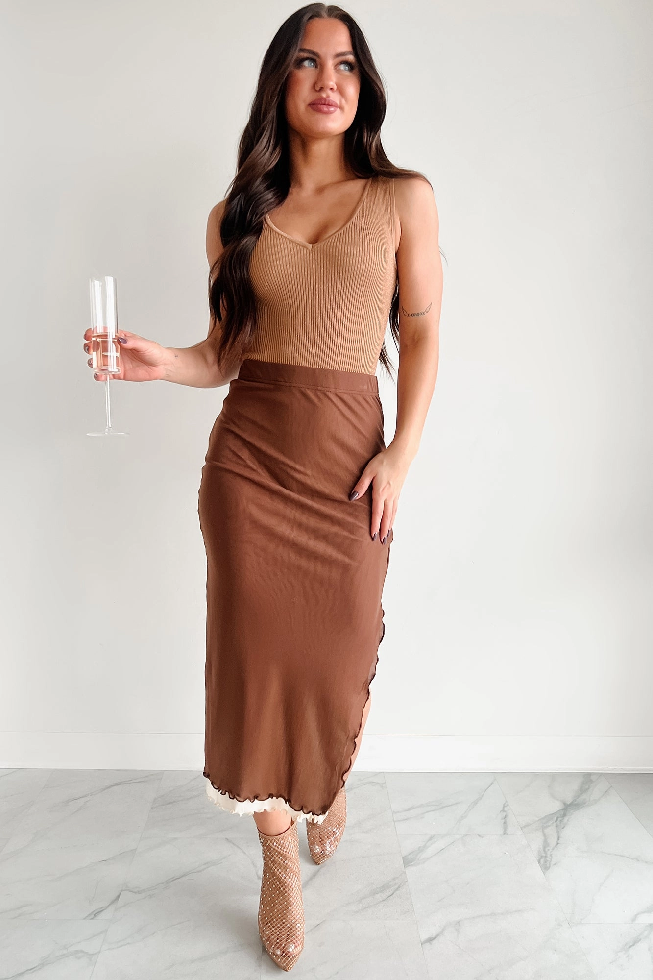 Don't Take It Personally Layered Mesh Midi Skirt (Brown) ruffle trim Runway Inspired