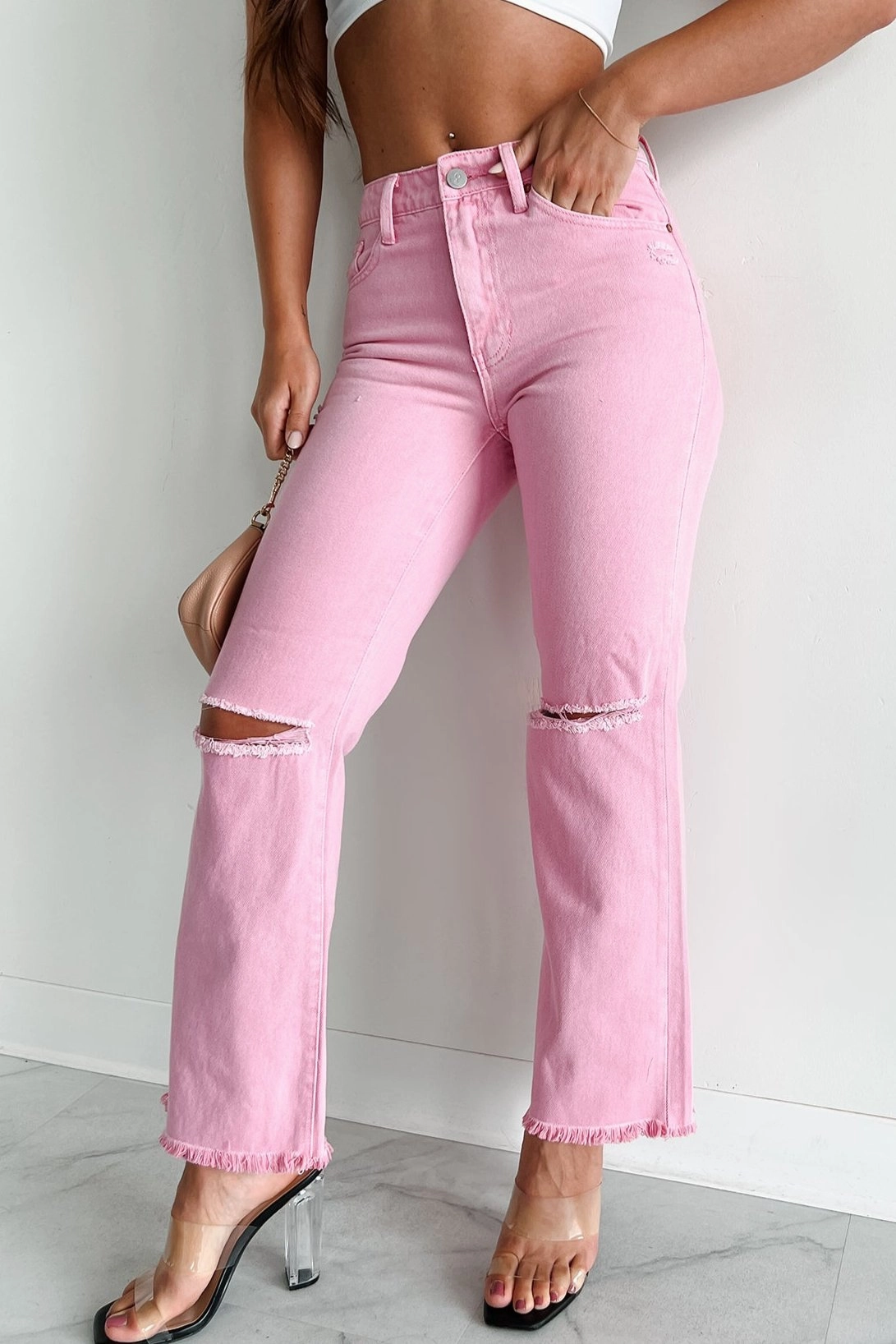 DOORBUSTER Bernina High Rise Slim Straight Jeans (Pink) Stretchable Wear Moisture control