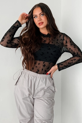QuickRelease Closures ResilientStretch DOORBUSTER Tell Me I'm Pretty Velvet Mesh Bodysuit (Black Floral)