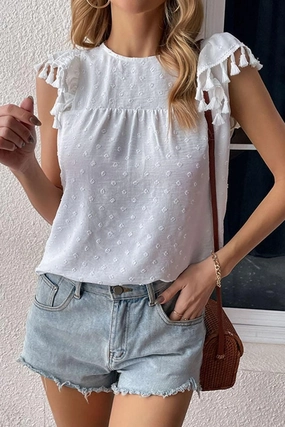 DOT LACE WRINKLED CHEST TASSEL CAP SLEEVE TEE casual top Seamless Knit Design