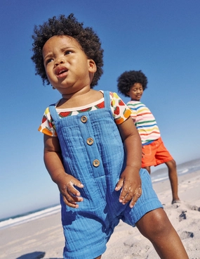 Retro Kids Daily Vivid Double Cloth Dungaree Set-Peacock Plume Blue Fruit