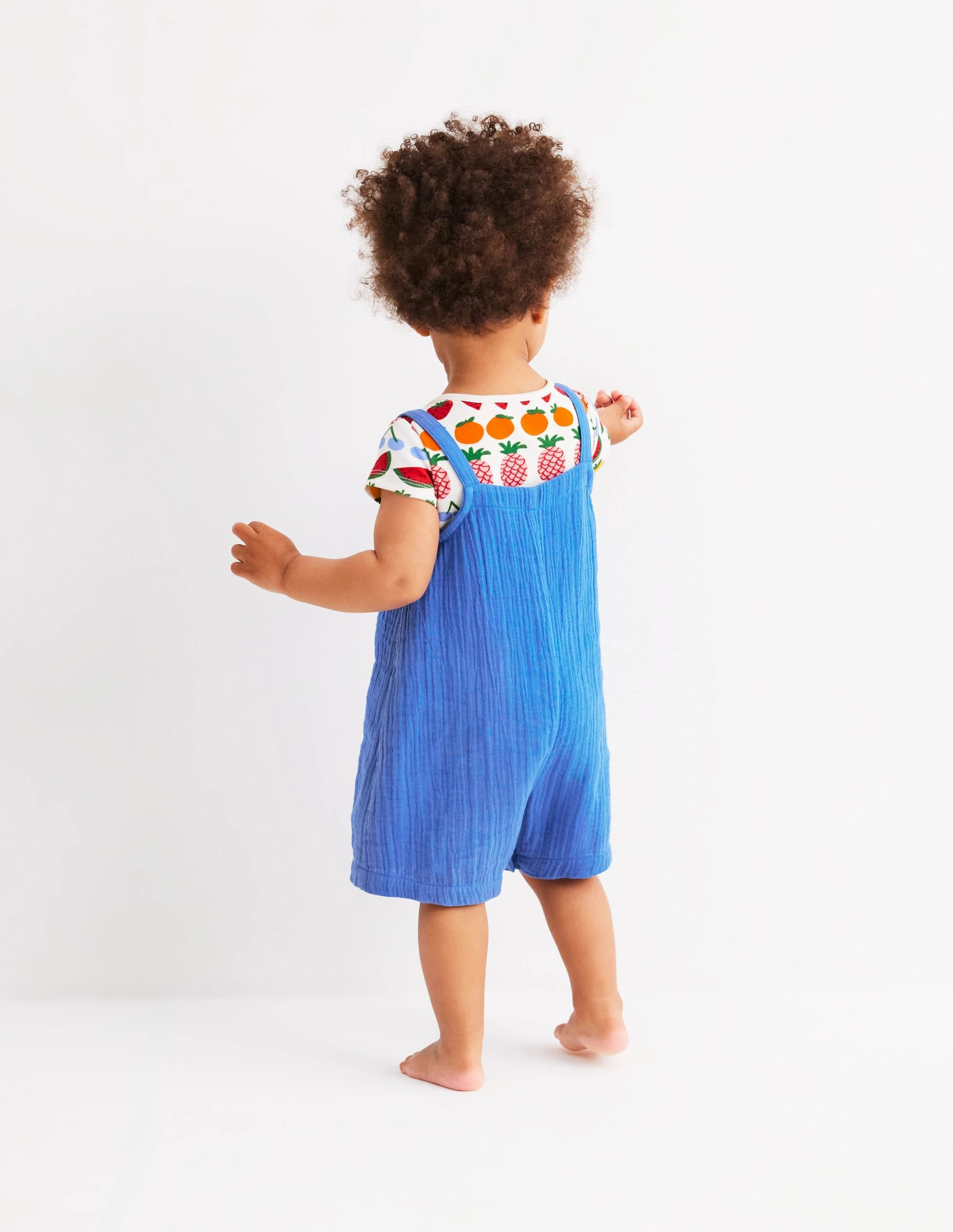Double Cloth Dungaree Set-Peacock Plume Blue Fruit Vacation Dynamic