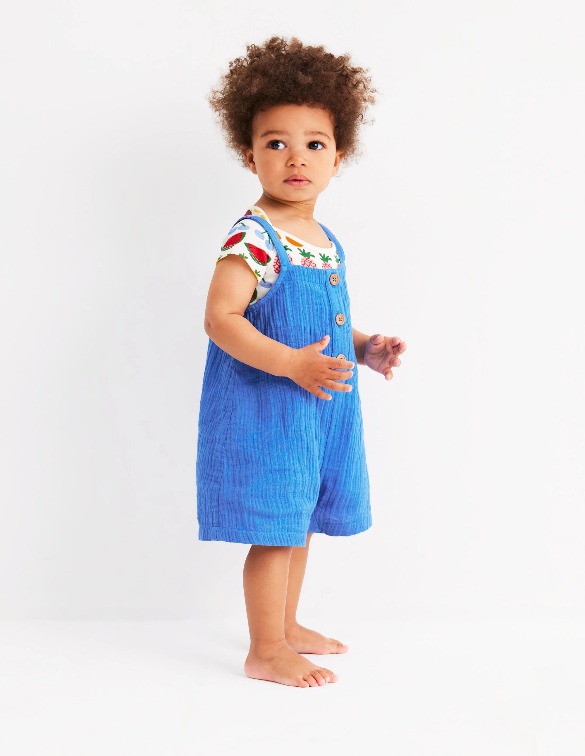 Loose Flexible Smart Vacation Double Cloth Dungaree Set-Peacock Plume Blue Fruit