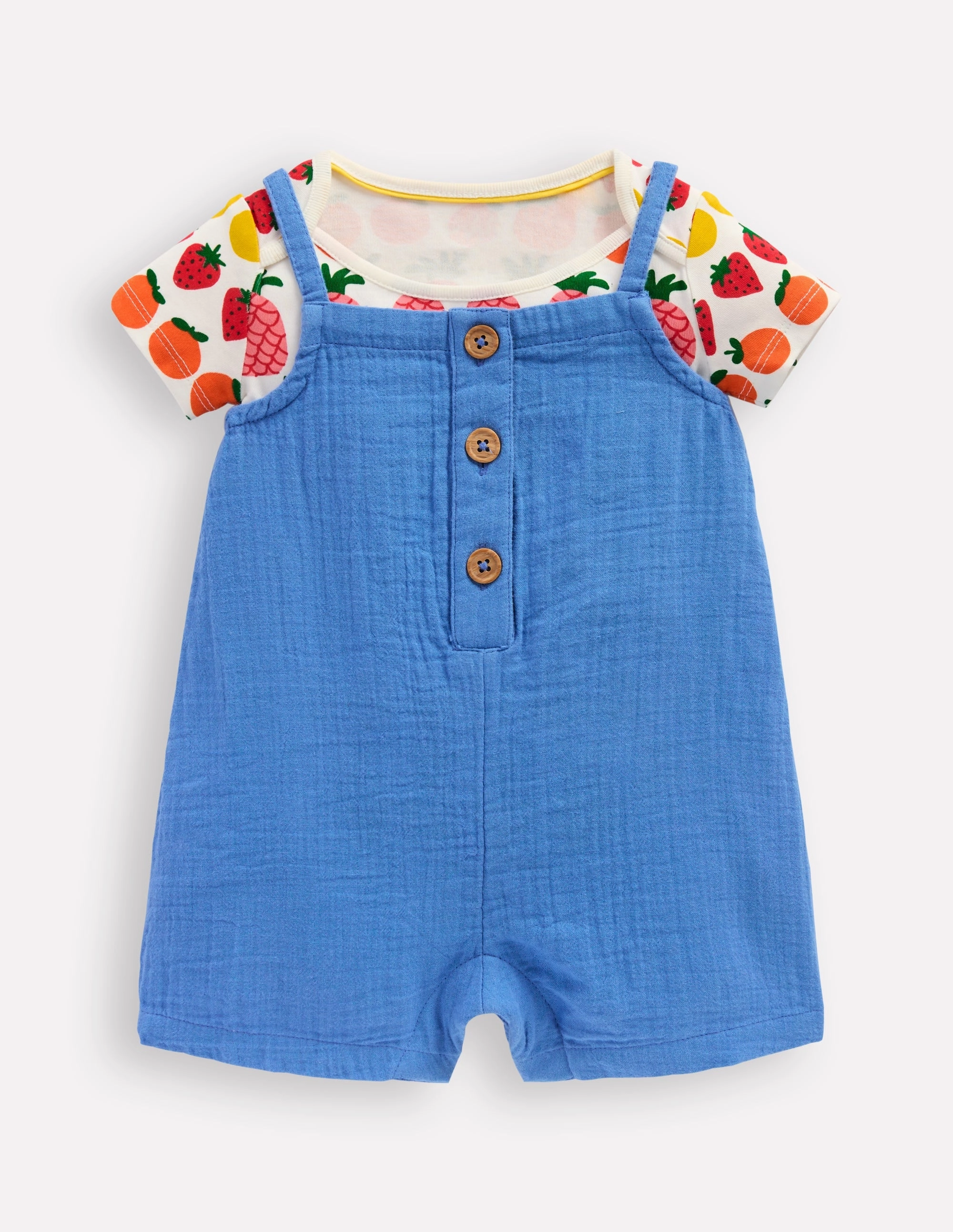 Office Vacation Double Cloth Dungaree Set-Peacock Plume Blue Fruit