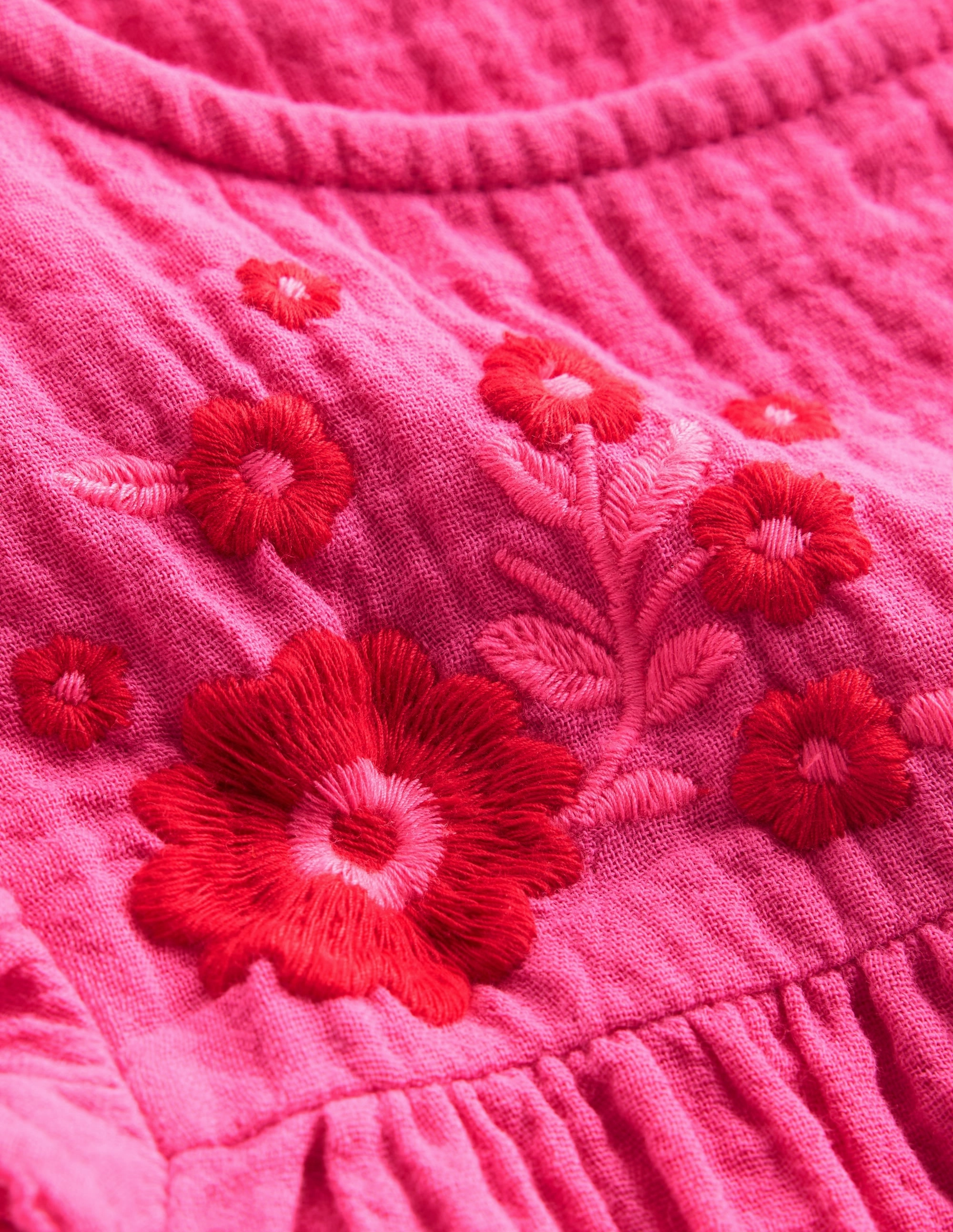 Double Cloth Frill Sleeve Top-Sorbet Pink Embroidered Variable Tension Adjustment