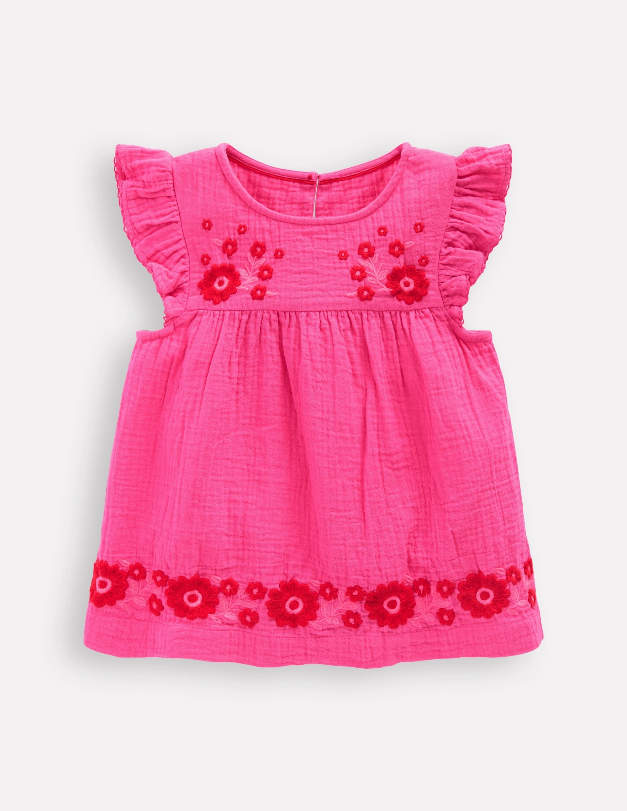 Tencel Blend Fabric Ribbed Trim Details Double Cloth Frill Sleeve Top-Sorbet Pink Embroidered