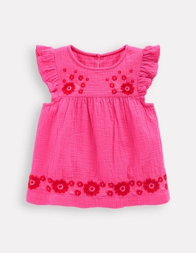 Double Cloth Frill Sleeve Top-Sorbet Pink Embroidered Non Restrictive Mobility Bound Seam Edges