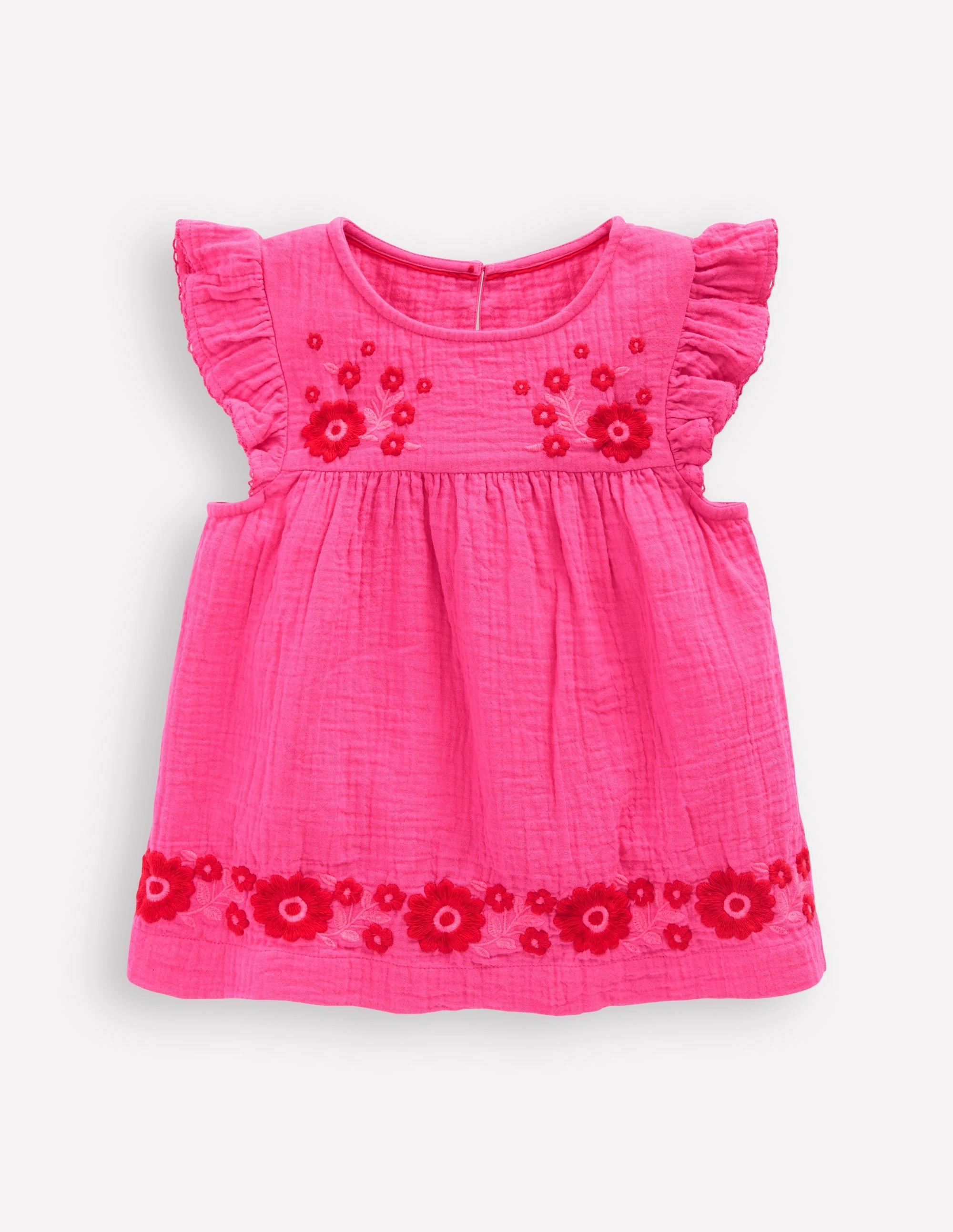 Double Cloth Frill Sleeve Top-Sorbet Pink Embroidered Non Restrictive Mobility Bound Seam Edges