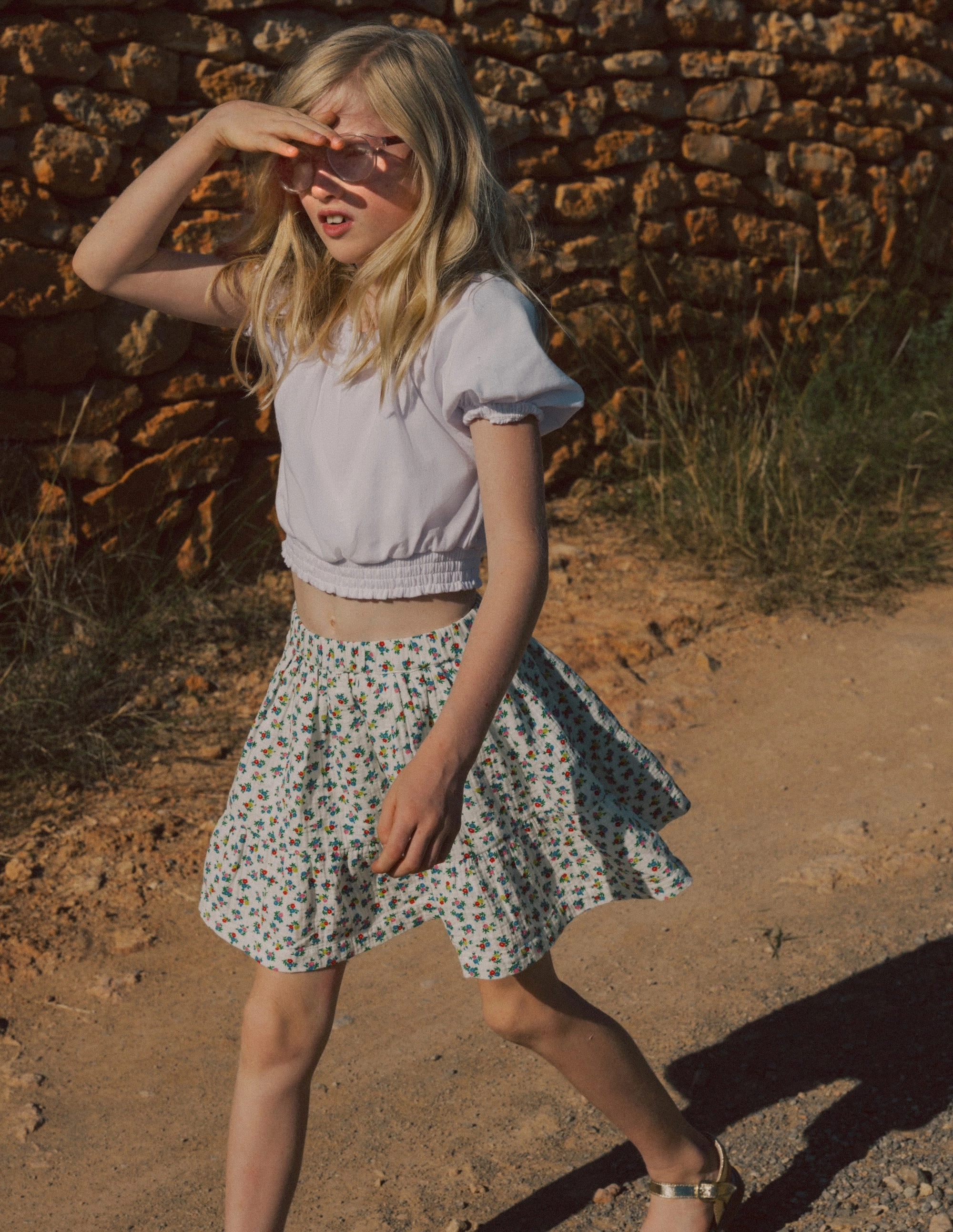 Double Cloth Printed Skirt-Soft Ivory Ditsy Floral Machine washable Side Pockets