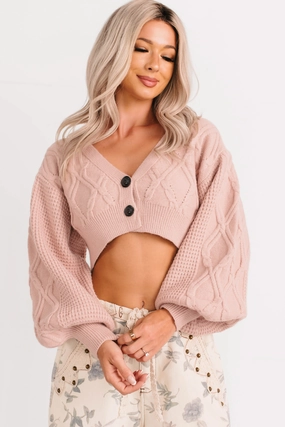 DurableReinforcement ButterSoftTexture True Escapism Cropped Cable Knit Cardigan (Pink)