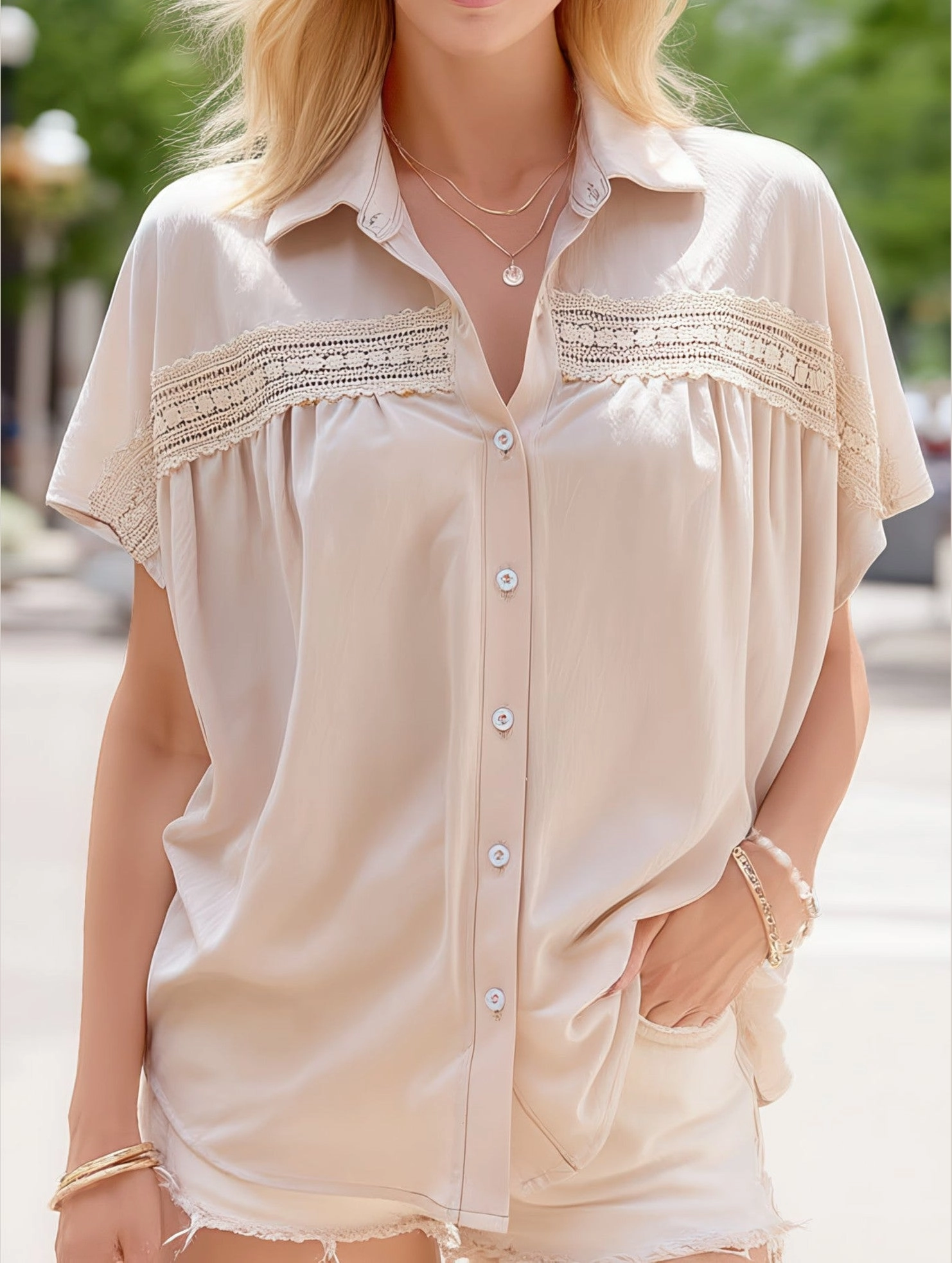 V-Neck Button Up Solid Color Lace Cutout Shirt ??Elegant & Stylish QuickDryConstruction OdorResistant Coating