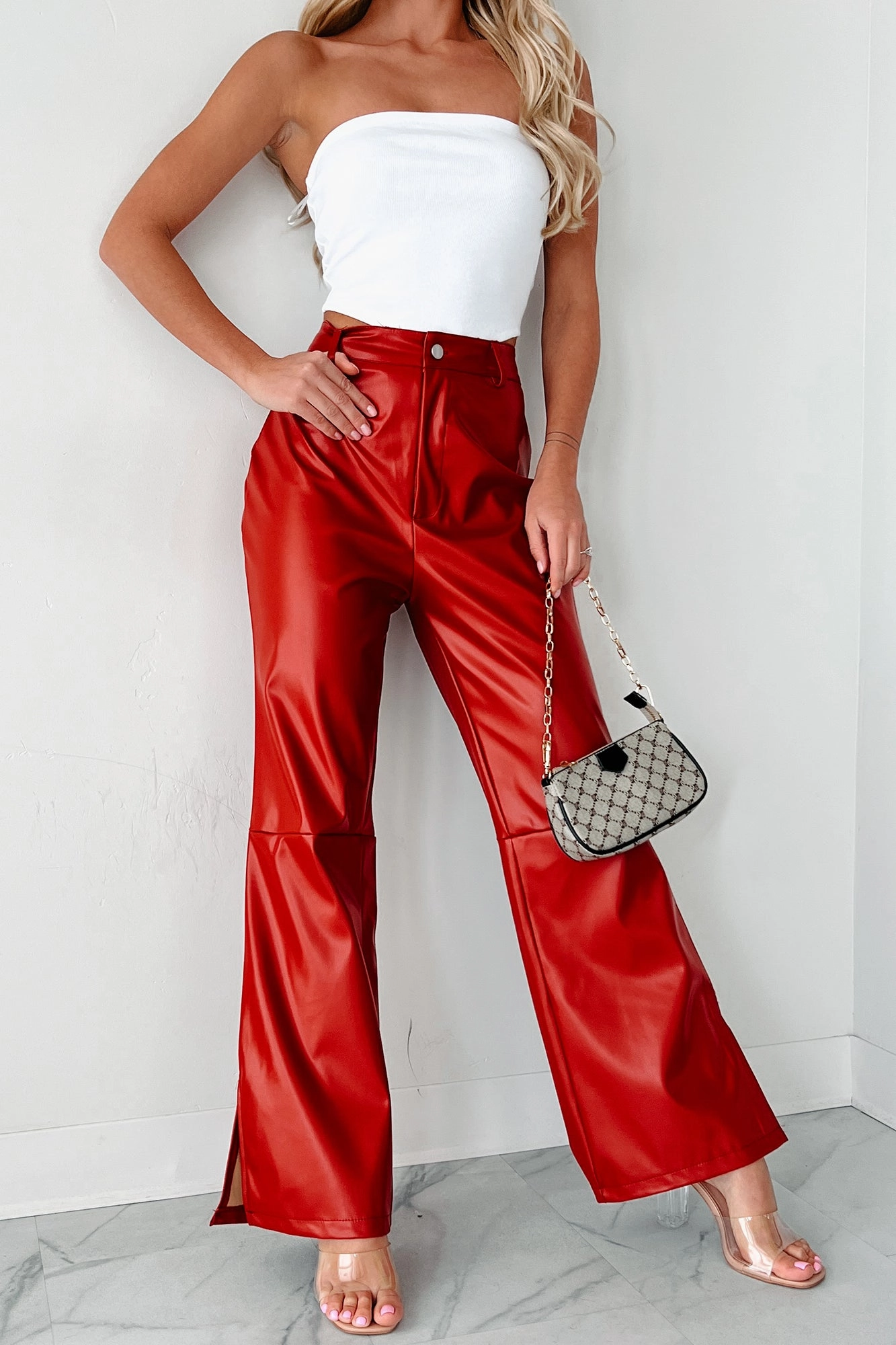 Downtown Diva Faux Leather Flare Pants (Red) Comfortable Fabric