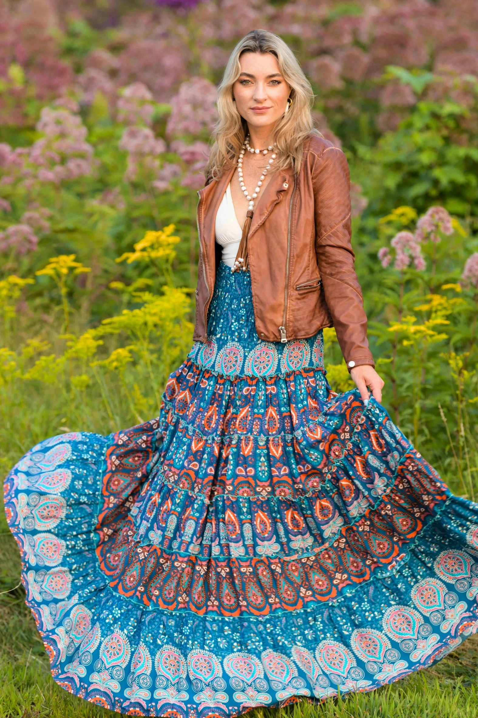 High Waist Sundance Maxi Skirt / Orange Teal