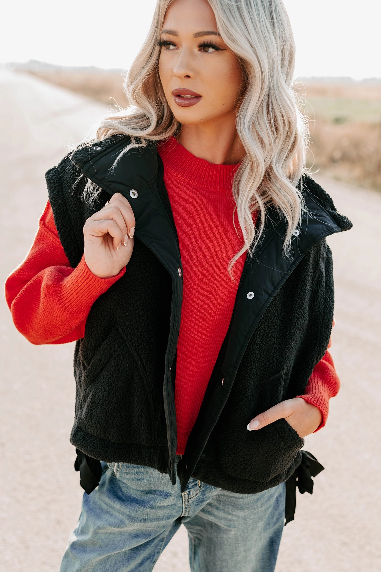 Dream Ahead Fleece Side Tie Vest (Black) Wool Sweater