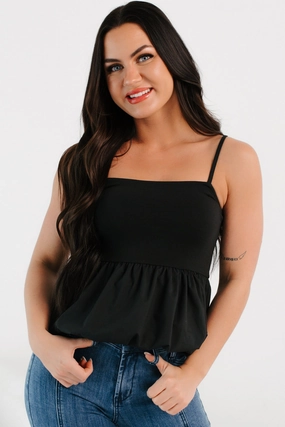 Dreamy Eyes Bubble Hem Tank Top (Black) TaglessDesign