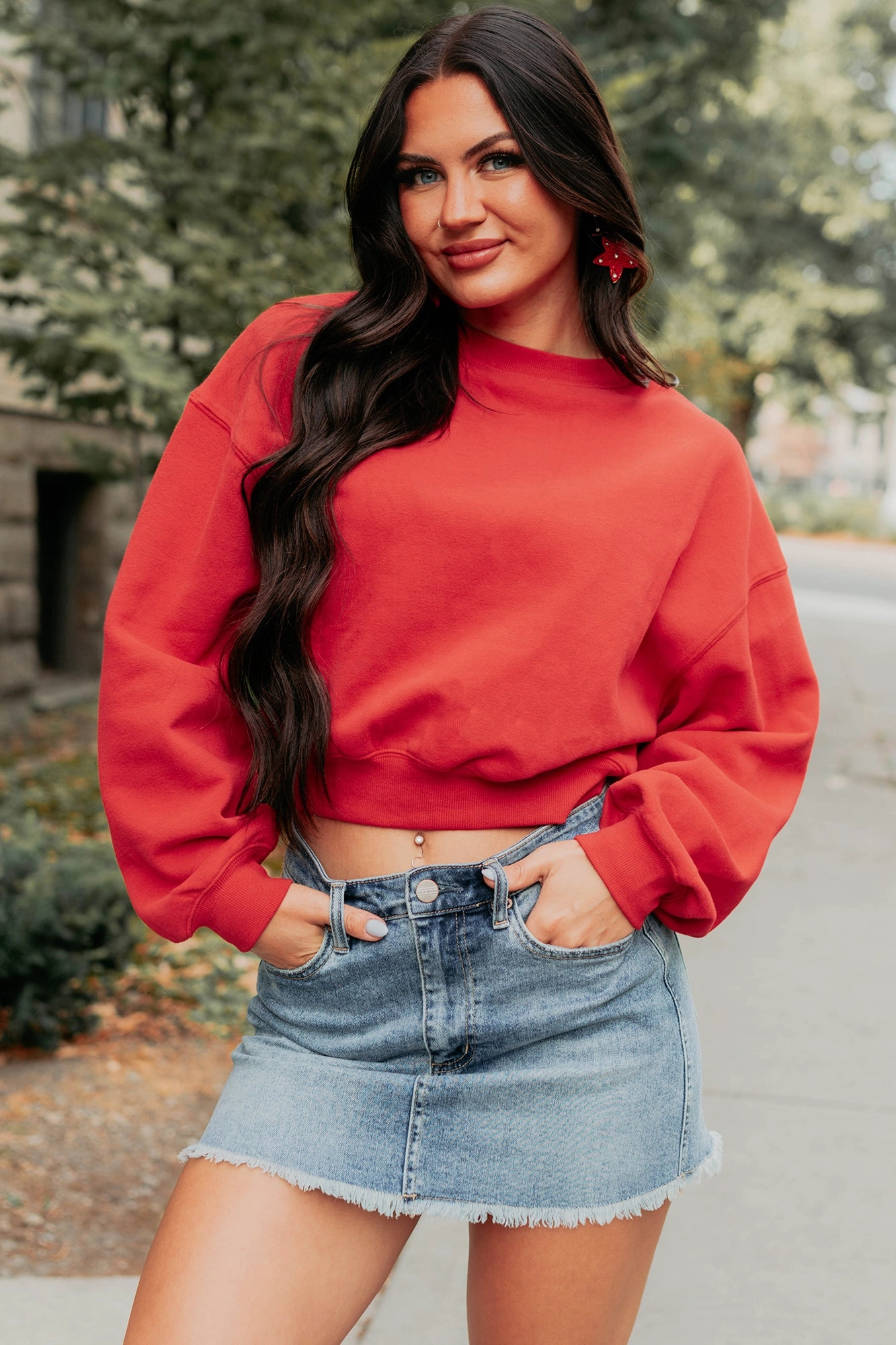 Reflective Trim Details Finding My Rhythm Cropped Sweatshirt (Red)