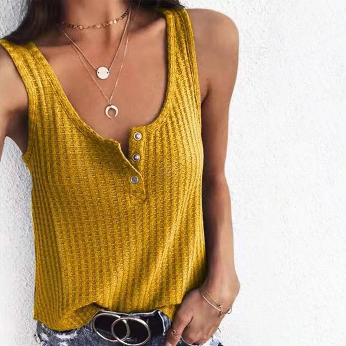 Microfiber Material Eco Conscious Dye Process BUTTON-DOWN U-NECK SLEEVELESS VEST BLOUSE_CWOV0247