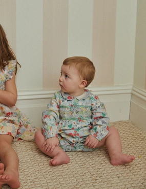 Casual Adult Smocked Romper-Blue Spring Meadow