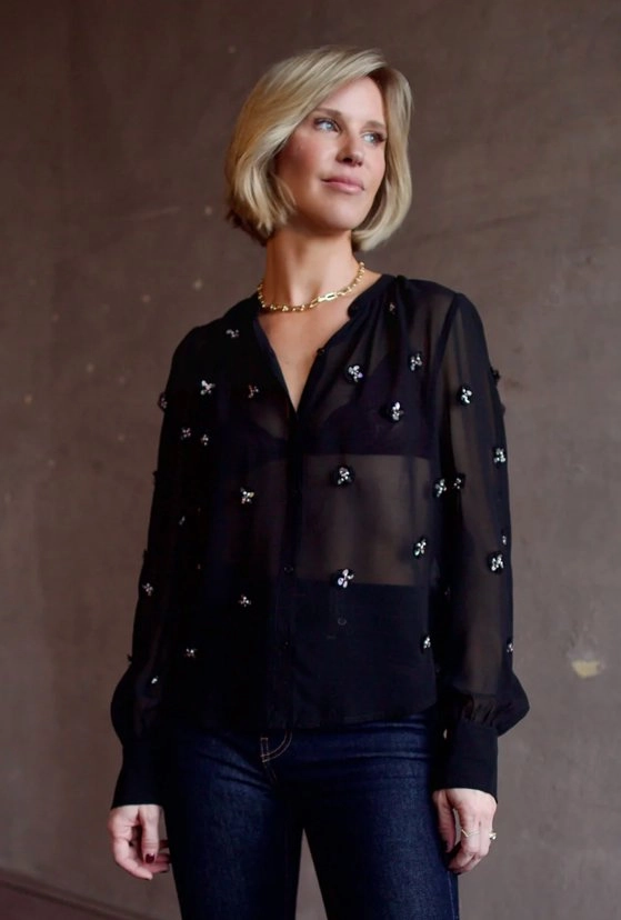 Bea Blouse Noir VNeckline Interlock Stitching