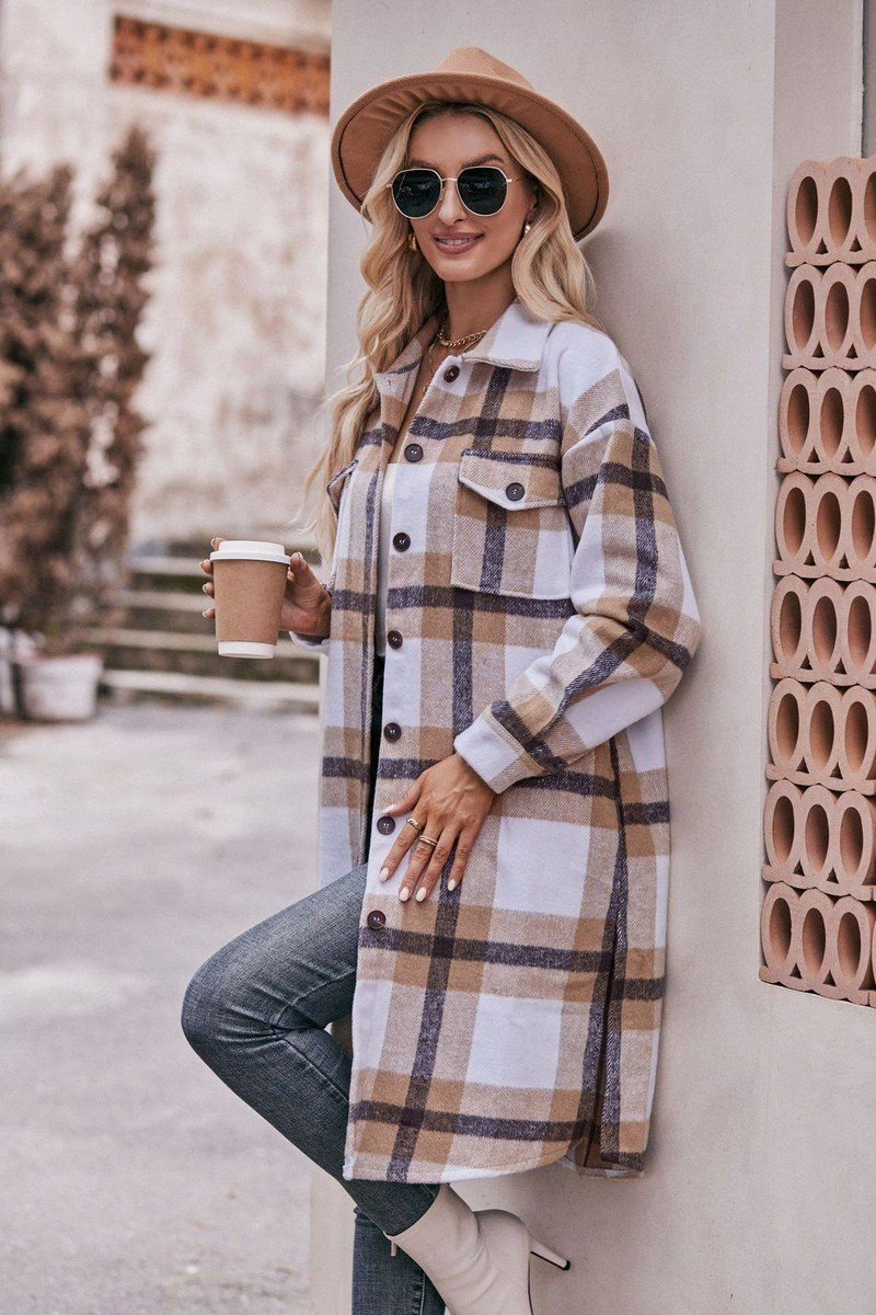 WOMEN CASUAL FLANNEL PLAID LONG BUTTON UP COAT MultiPanelDesign Tear Resistant Fiber Blend