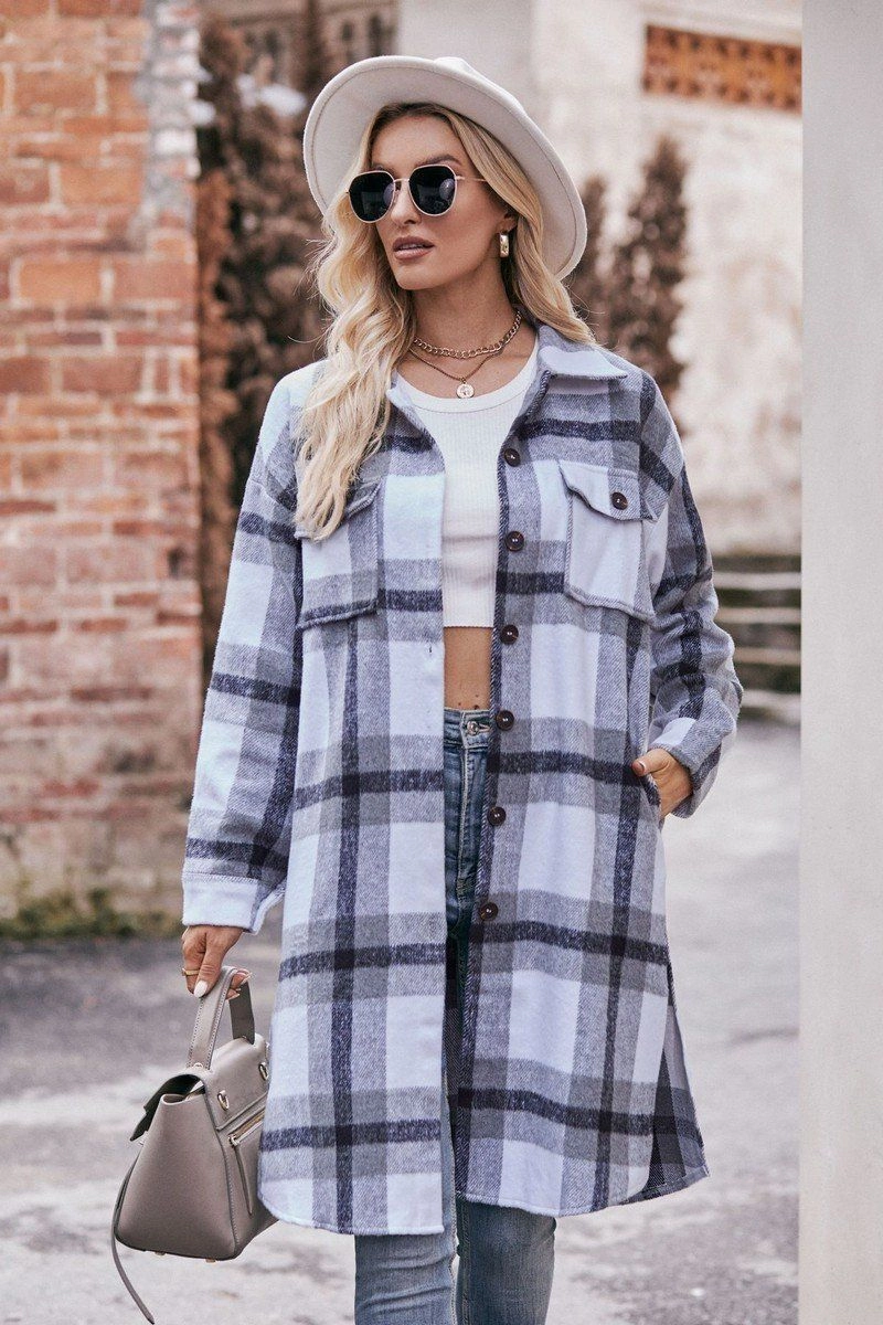 WOMEN CASUAL FLANNEL PLAID LONG BUTTON UP COAT EcoCertified Textile