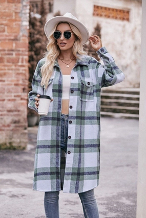 TwoToneEffect WOMEN CASUAL FLANNEL PLAID LONG BUTTON UP COAT