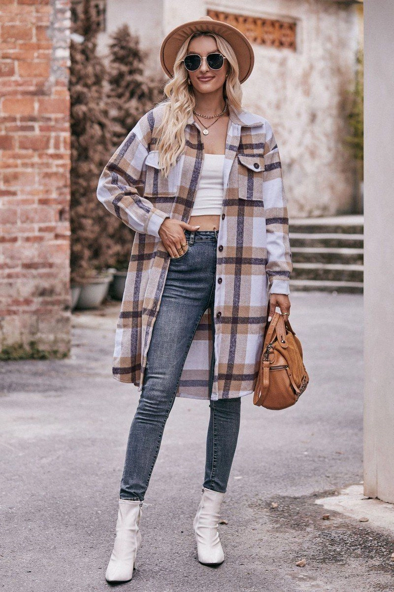 FrictionResistant Fabric Easy Style WOMEN CASUAL FLANNEL PLAID LONG BUTTON UP COAT