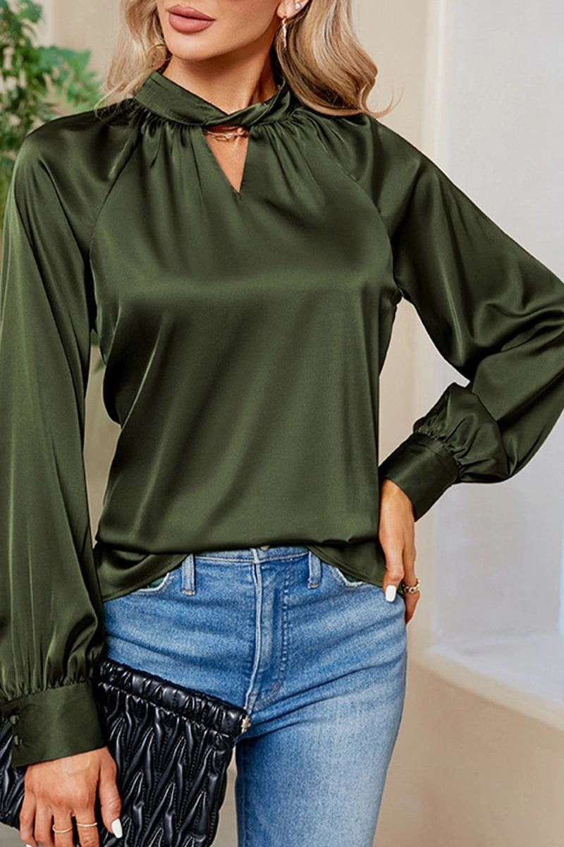 Neutral Tone Stitching RecycledPolyester LOOSE FIT KEYHOLE NECK BUTTON CUFF GLOSSY BLOUSE