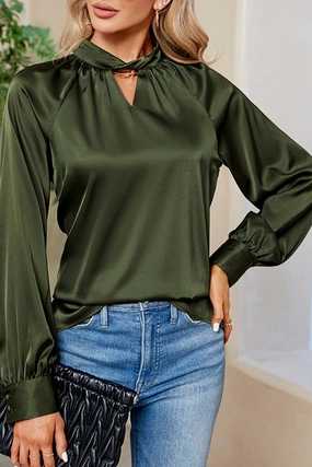 Neutral Tone Stitching RecycledPolyester LOOSE FIT KEYHOLE NECK BUTTON CUFF GLOSSY BLOUSE
