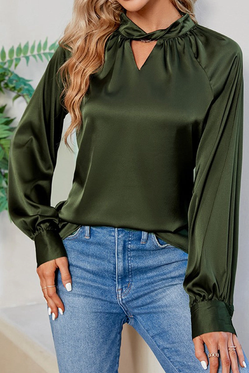 LOOSE FIT KEYHOLE NECK BUTTON CUFF GLOSSY BLOUSE Formal top Drop Shoulder Design