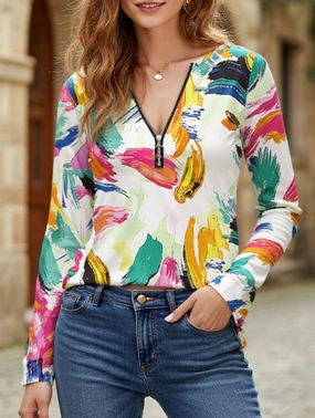 Geometric V-neck zip-up regular top Brushed Interior Moisture Management