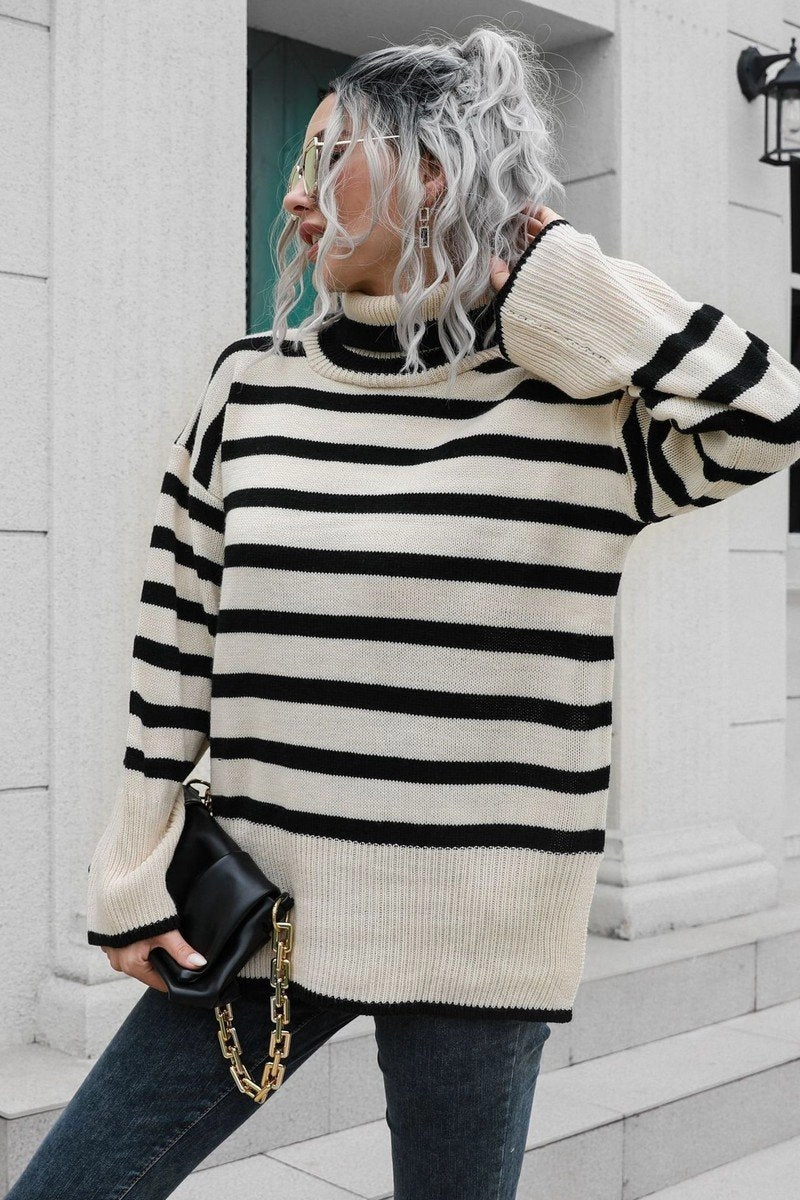 WOMEN STRIPED SIDE SLIT TURTLENECK LOOSE SWEATER FourWay Stretch AthleisureCompatible