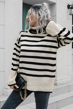 WOMEN STRIPED SIDE SLIT TURTLENECK LOOSE SWEATER FourWay Stretch AthleisureCompatible