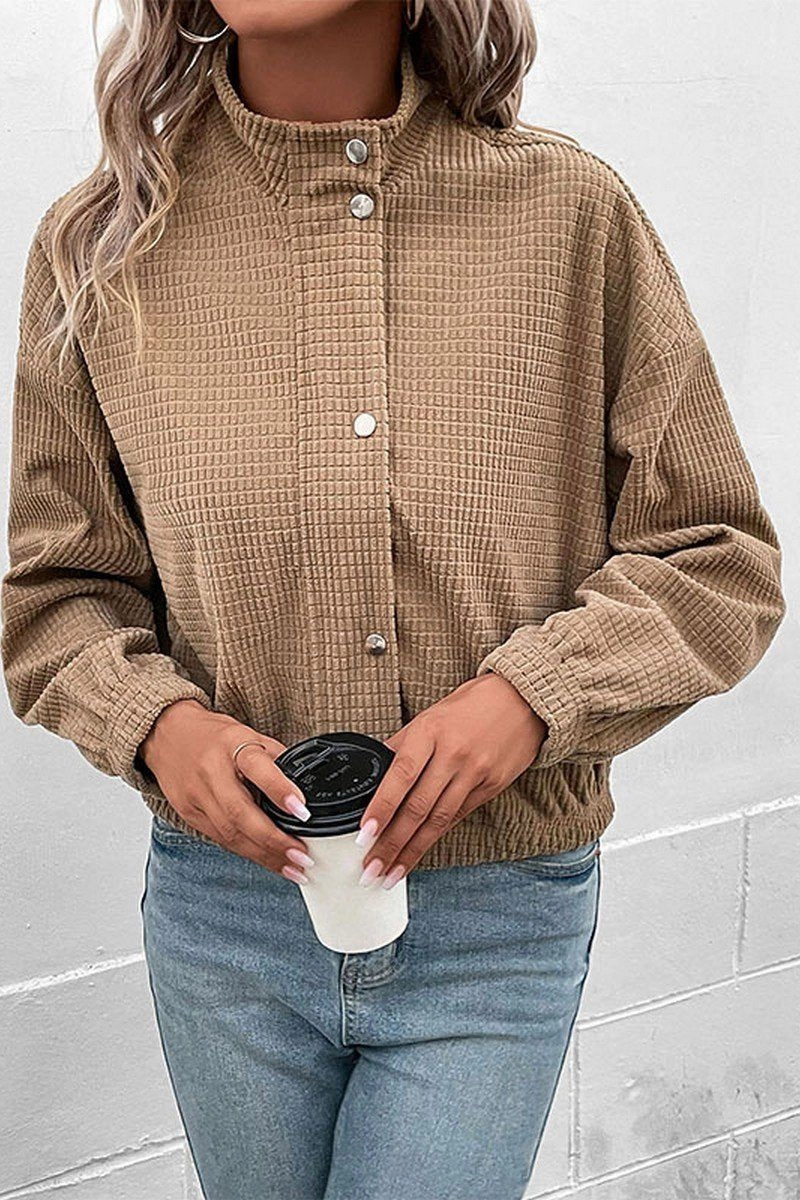 Grid Texture Fabric WOMEN HIGH NECK PLAID QUILTED BUTTON UP JACKET