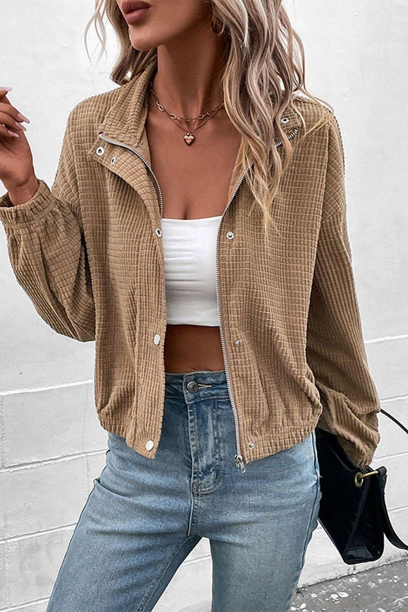 WOMEN HIGH NECK PLAID QUILTED BUTTON UP JACKET Hidden Ventilation Zones Professional Look