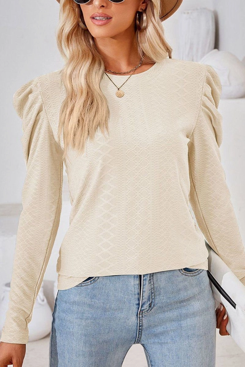 Cozy Layer All Over Print Technique CREW NECK PUFF SLEEVE BLOUSE TEE FOR WOMEN