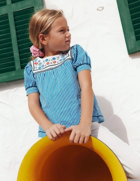 Reinforced Seams Puff Sleeve Sailors Top-Peacock Plume / Ivory Stripe