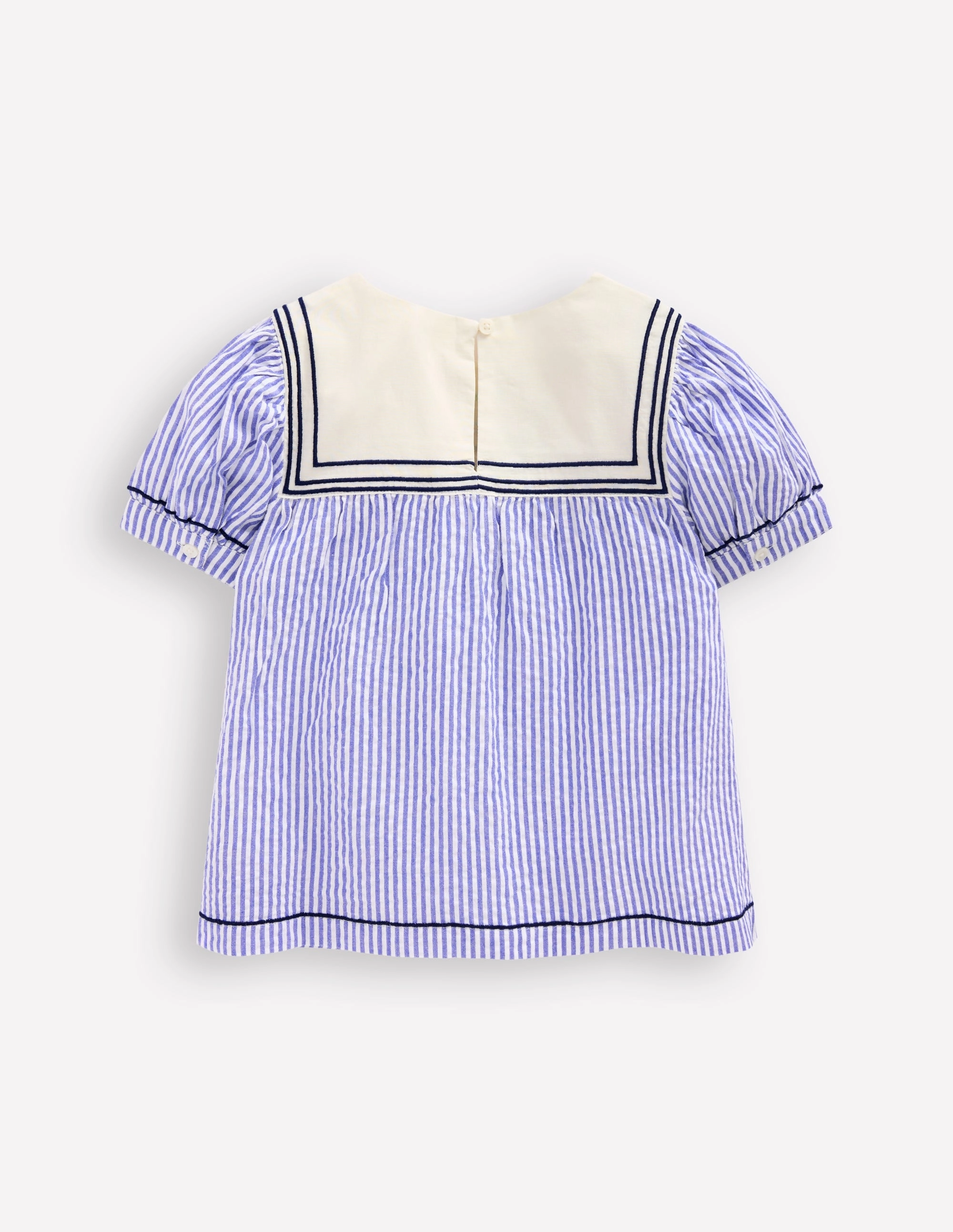 Puff Sleeve Sailors Top-Peacock Plume / Ivory Stripe Comfortable Design Grid Texture Fabric