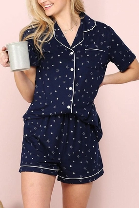 SHORT SLEEVE NOTCH COLLAR PAJAMA SET Ribbed Trims
