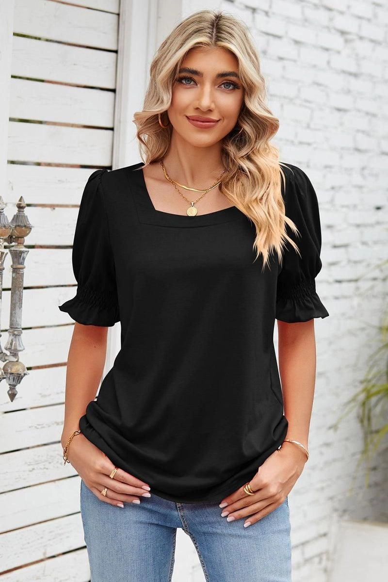 QuickDryTechnology Garment Washed Softness SQUARE NECK RUFFLED SHORT SLEEVE WOMEN T SHIRTS