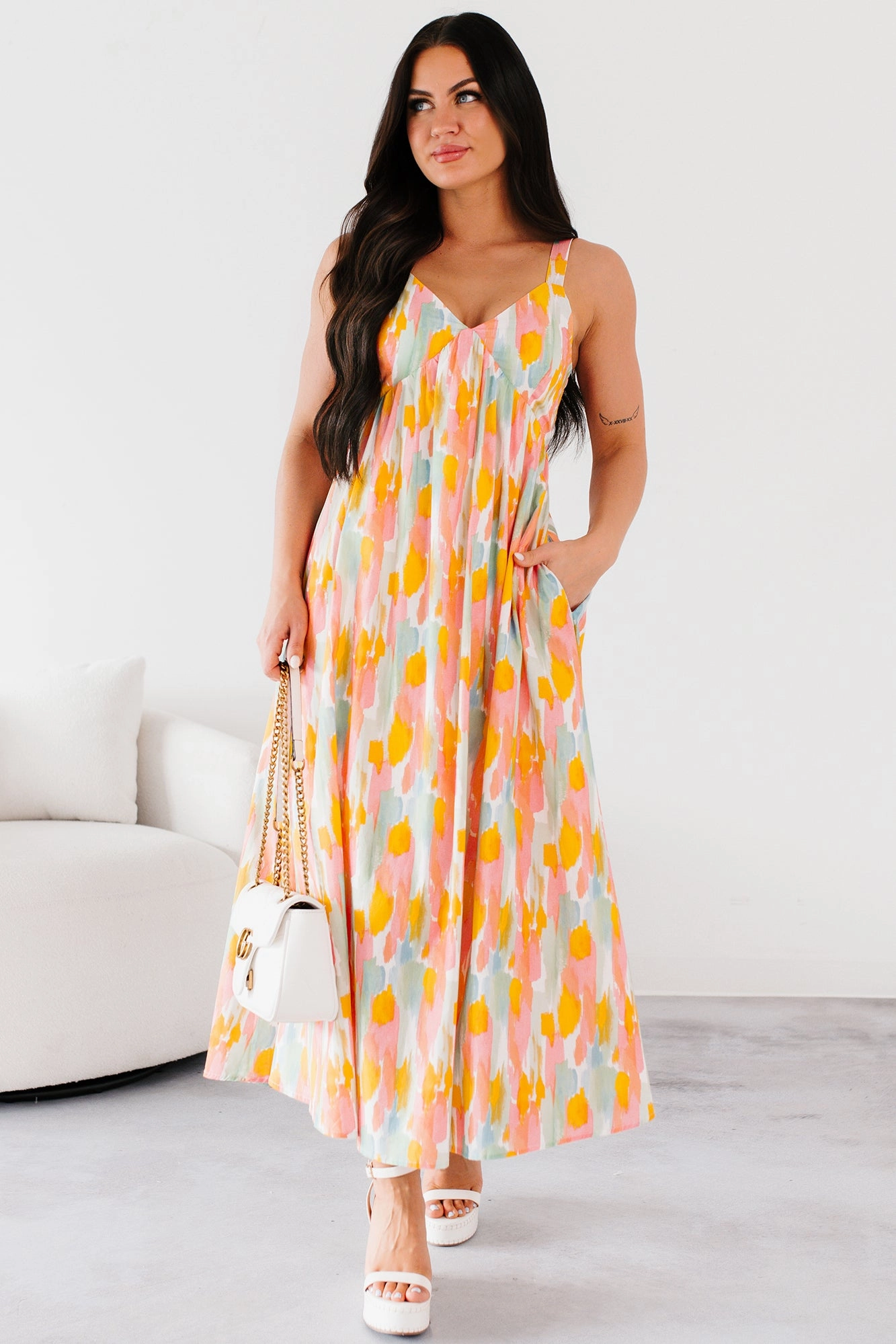 Earn Your Stripes Printed Maxi Dress (Pink/Multi) Chic Layer