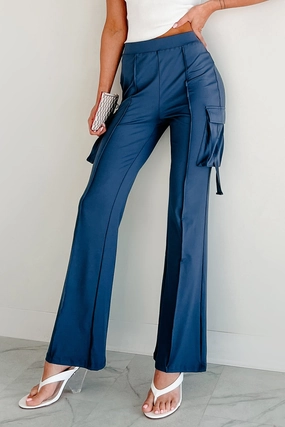 Quality Material Bold Design Easy Does It High Rise Cargo Bootcut Leggings (Blue)