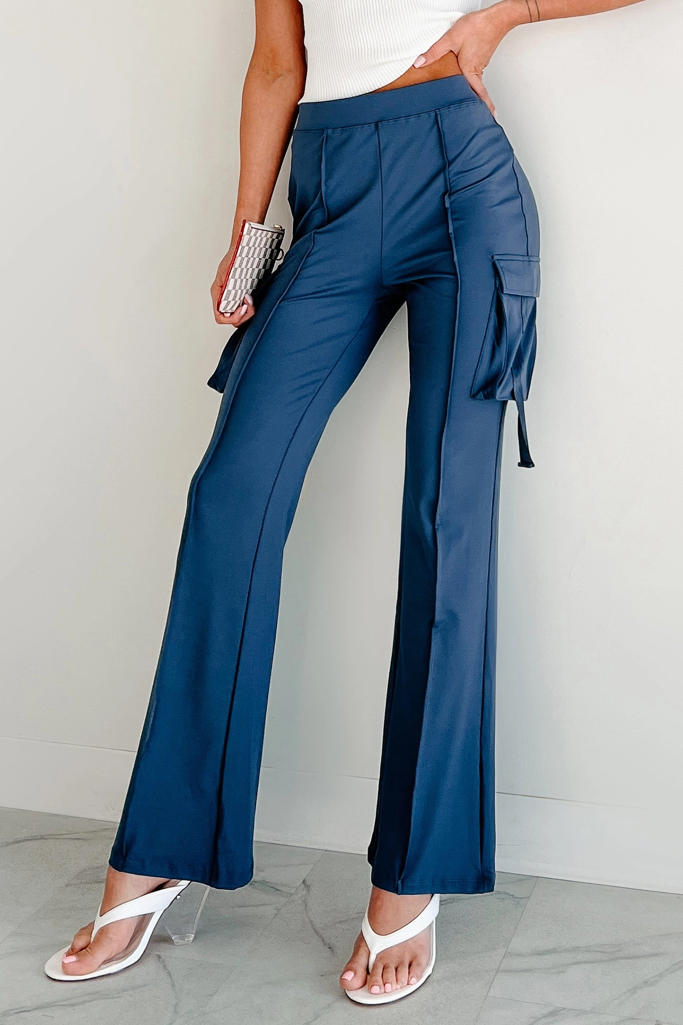 Easy Does It High Rise Cargo Bootcut Leggings (Blue) WaterRepellent Four Way Stretch